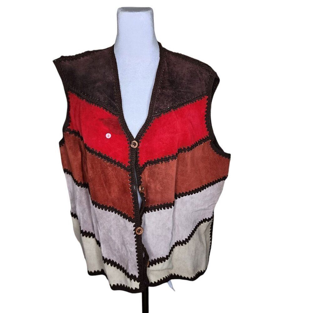 Vintage 1970s Leather Patchwork Sleeveless Vest Womens Size XL Brown Hippy Boho